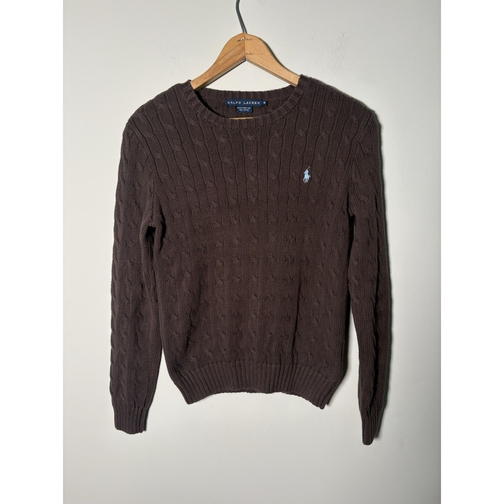 VTG Ralph Lauren Cable Knit Sweater Womens Medium Brown Cotton Crewneck Preppy M